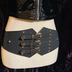 Navy blue elastic corset belt with golden buckles #099
